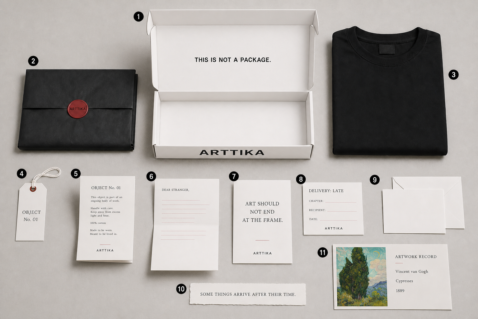 The ARTTIKA packaging system laid out flat: warm-white mailer, black tissue and dark-red seal, folded garment, object tag and the full card family