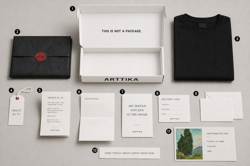 The ARTTIKA packaging system laid out flat: warm-white mailer, black tissue and dark-red seal, folded garment, object tag and the full card family