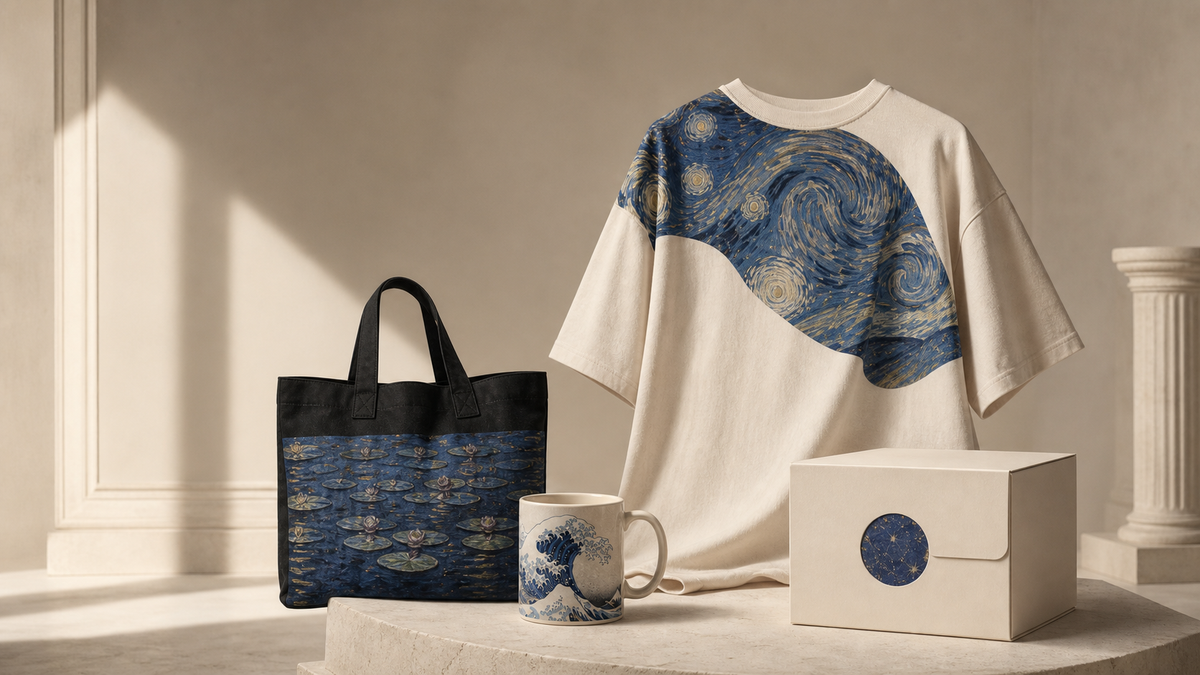 The Blue Collection Edition 01: oversized cream tee, black canvas tote, ivory mug and rigid gift box arranged on a stone plinth in warm gallery light