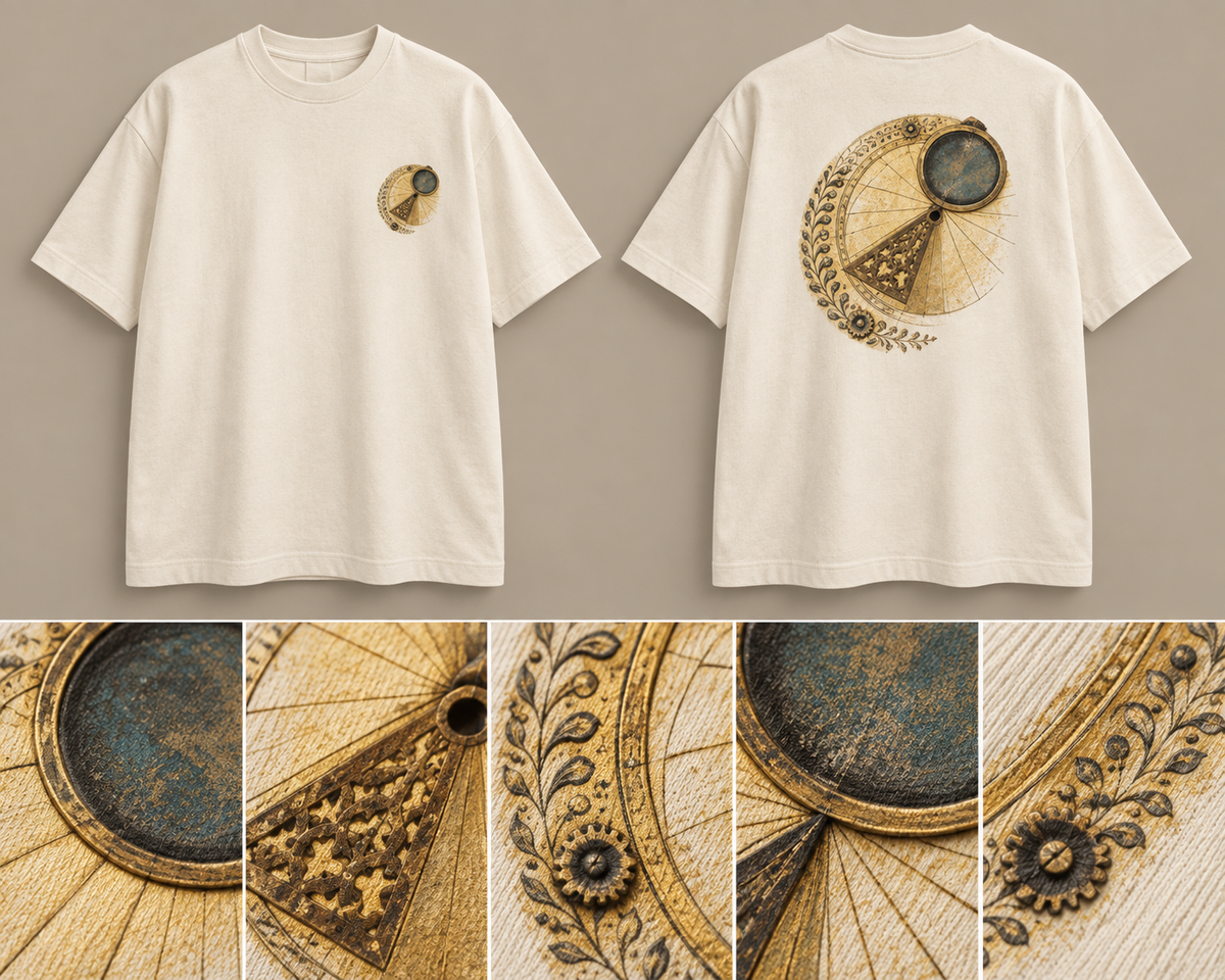 Astronomical Dial Oversized Tee — ARTTIKA canonical front-and-back hero