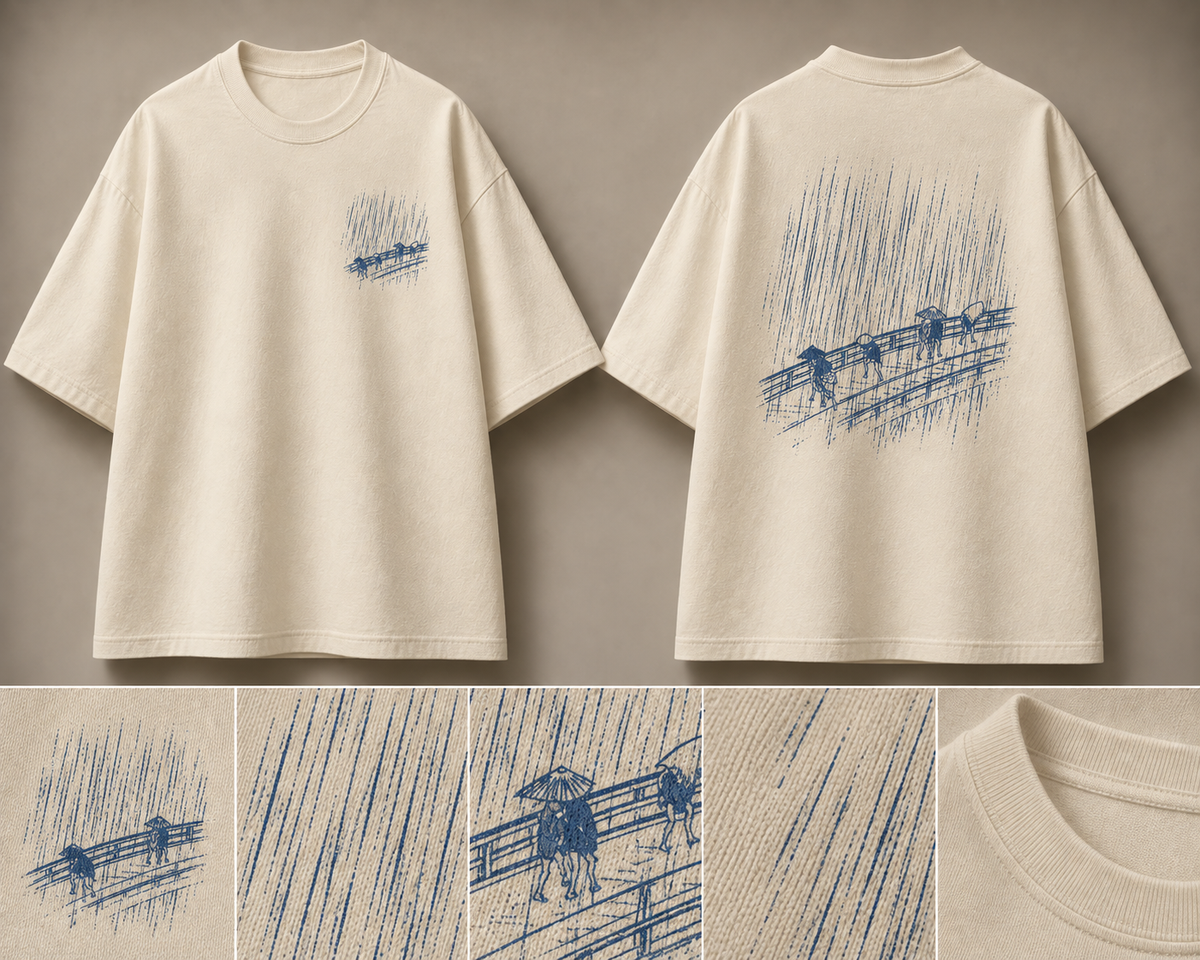 Sudden Shower over Shin-Ōhashi Bridge Oversized Tee — ARTTIKA canonical front-and-back hero