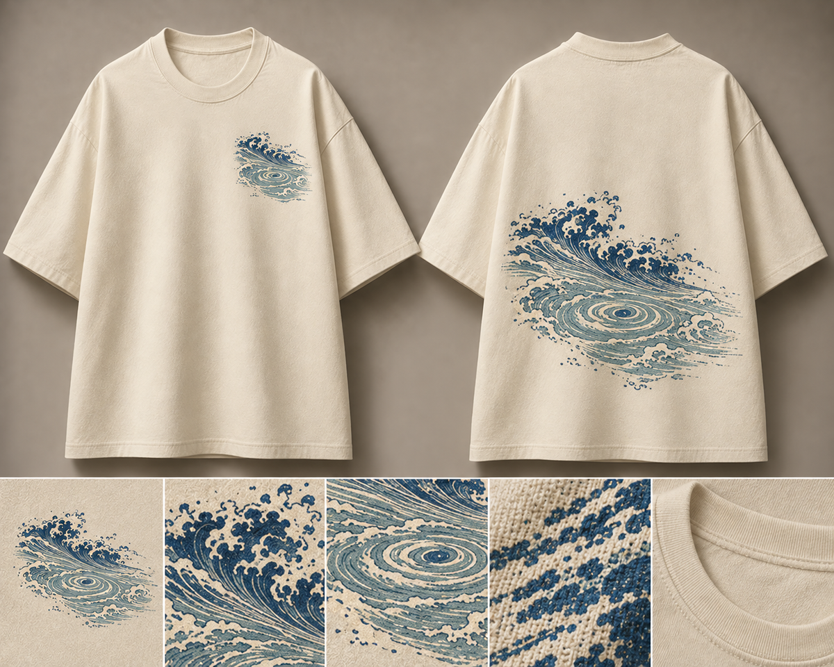 The Whirlpools of Awa Oversized Tee — ARTTIKA canonical front-and-back hero