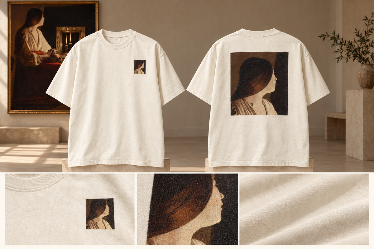 The Penitent Magdalen oversized tee concept — front and back