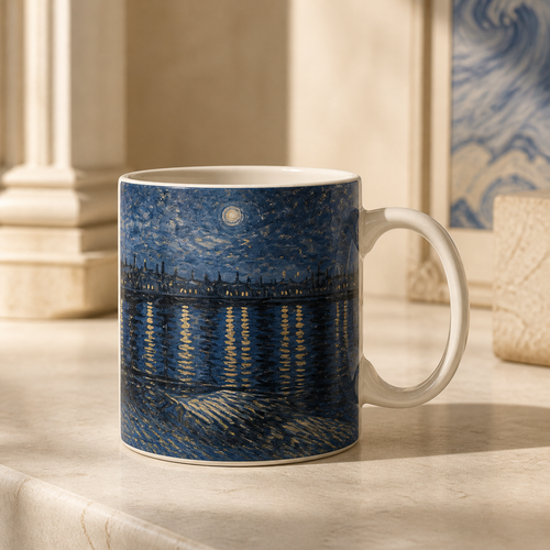 Midnight Reflections ivory ceramic mug wrapped in nocturnal cobalt strokes with antique-gold reflections