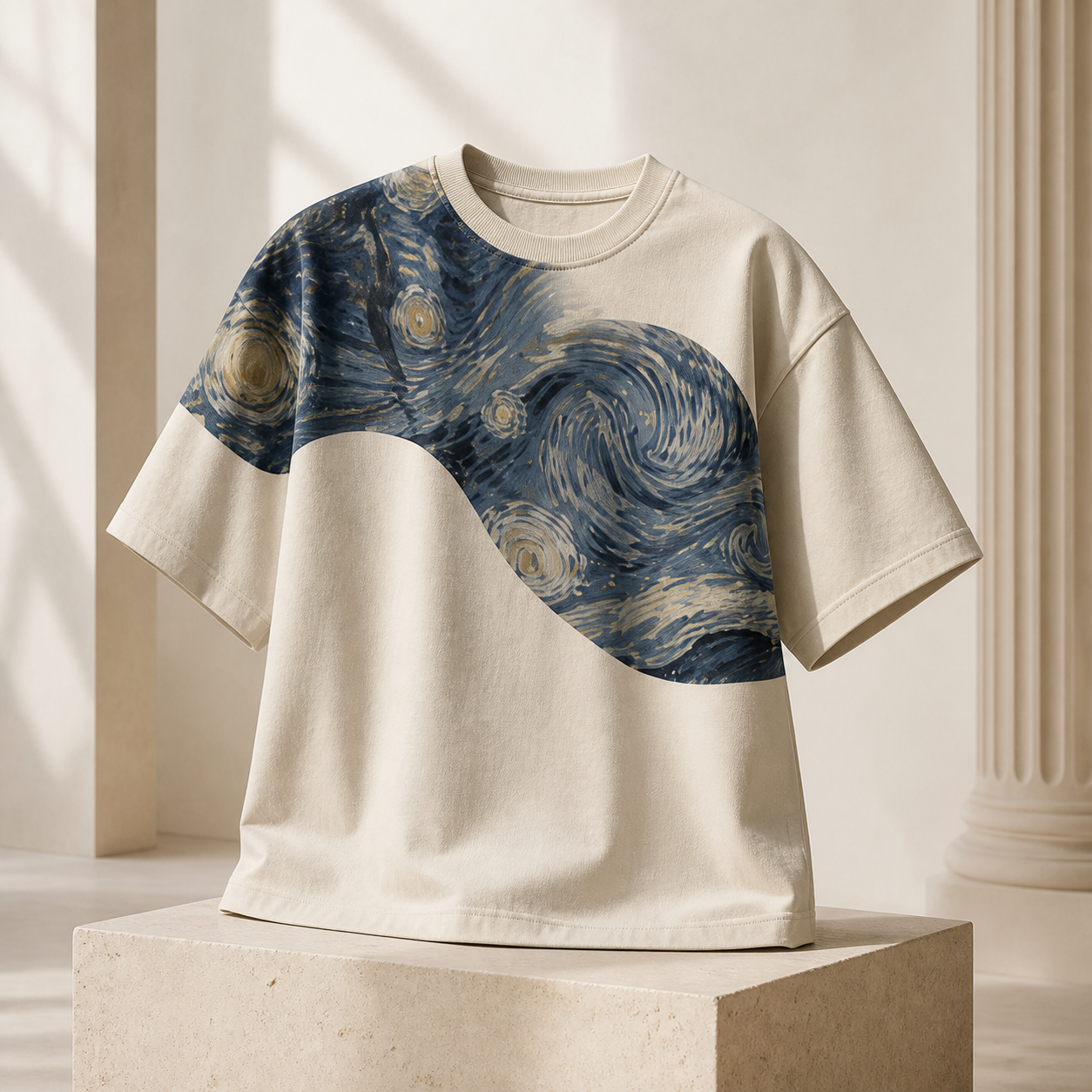 Night Current oversized cream T-shirt carrying a midnight-blue art fragment across the shoulder and chest