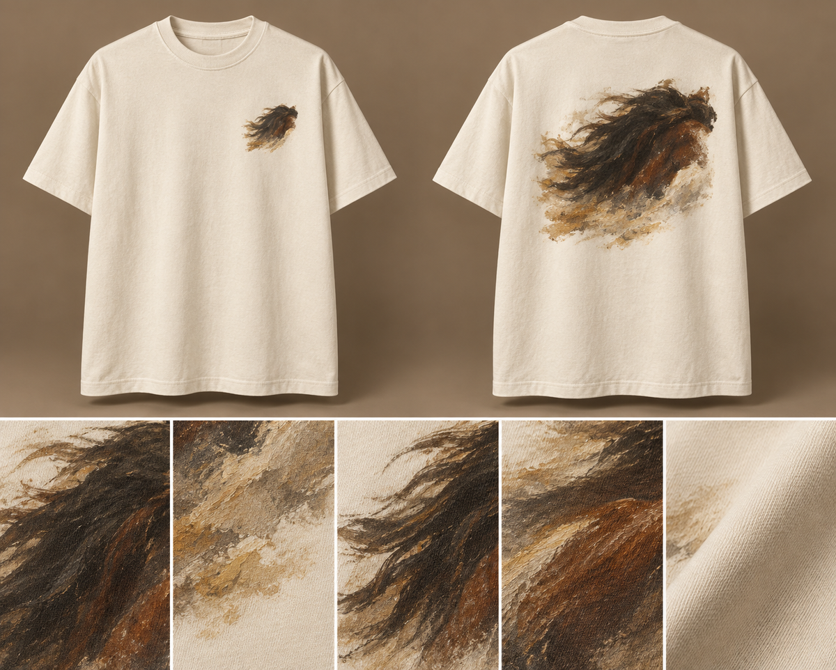 The Horse Fair Oversized Tee — ARTTIKA canonical front-and-back hero