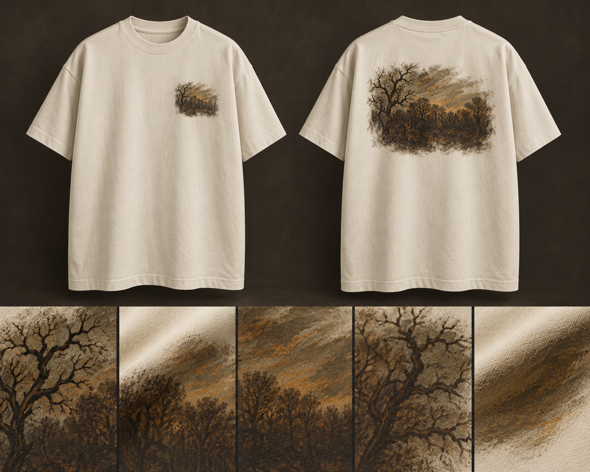 Forest in Winter at Sunset Oversized Tee — ARTTIKA canonical front-and-back hero