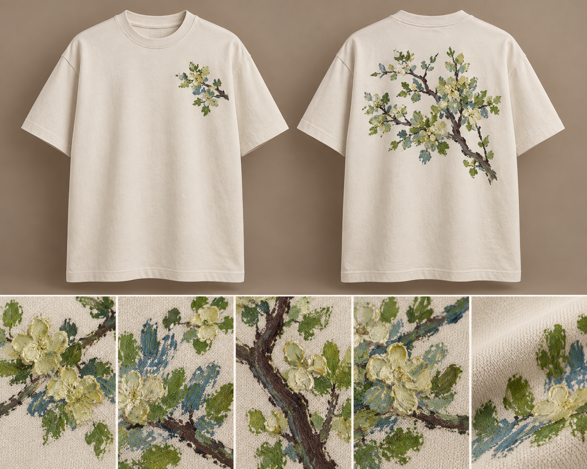 The Flowering Orchard Oversized Tee — ARTTIKA canonical front-and-back hero