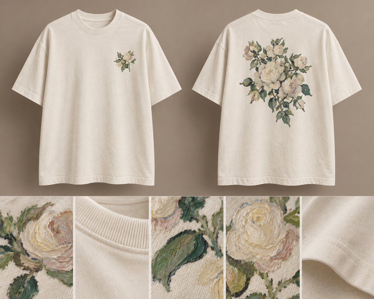 Roses Oversized Tee — ARTTIKA canonical front-and-back hero