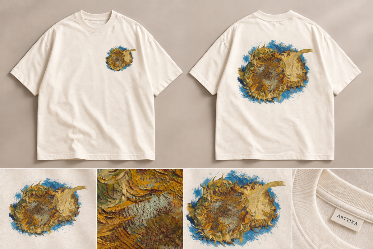 Sunflowers oversized tee concept — front and back