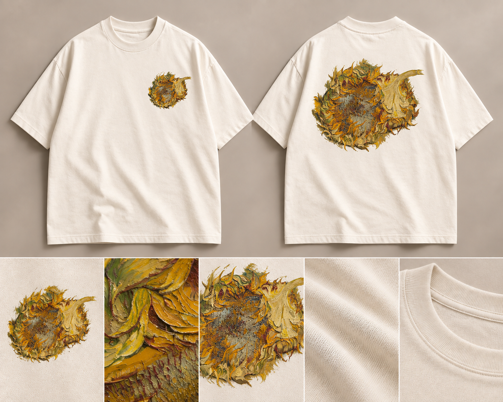 Sunflowers Oversized Tee — ARTTIKA canonical front-and-back hero
