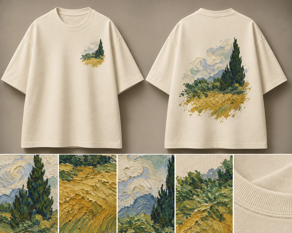 Wheat Field with Cypresses Oversized Tee — ARTTIKA canonical front-and-back hero