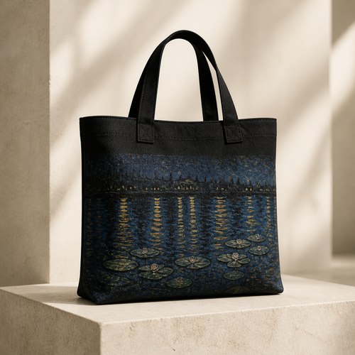 Water Garden structured black canvas tote with a nocturnal water-garden art fragment on the front panel
